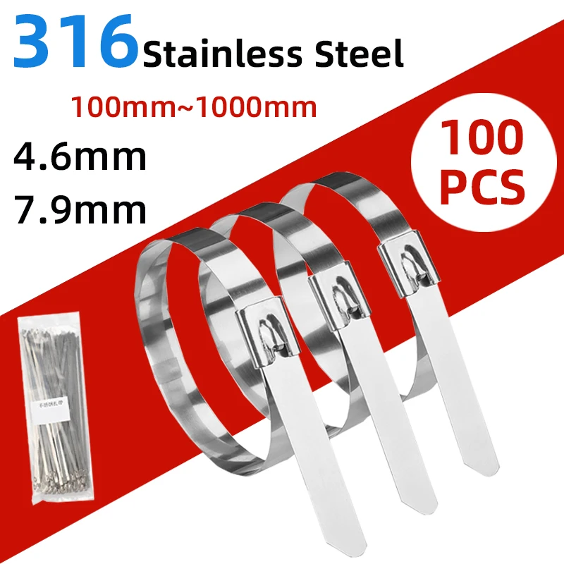 Metal Cabo Ties 4.6 mm 7.9 mm Length100 1000 mm Self-locking Tie Zip Wrap Exhaust Multifuncional Marine Aço Inoxidável 100 Pcs 316