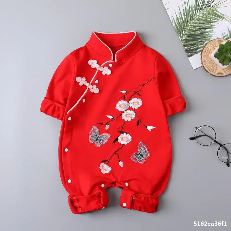 Chinese Traditional Jumpsuit For Girls Newborn Baby butterfly Hanfu Red Tang Suit Romper Chinese New Year Outfits Birthday 5