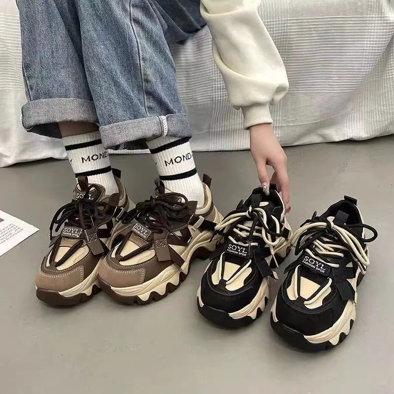 Black Brown Chunky Sneakers Women Spring Autumn Thick Bottom Dad Shoes Woman Fashion PU Leather Platform Sneakers Ladies D268 4