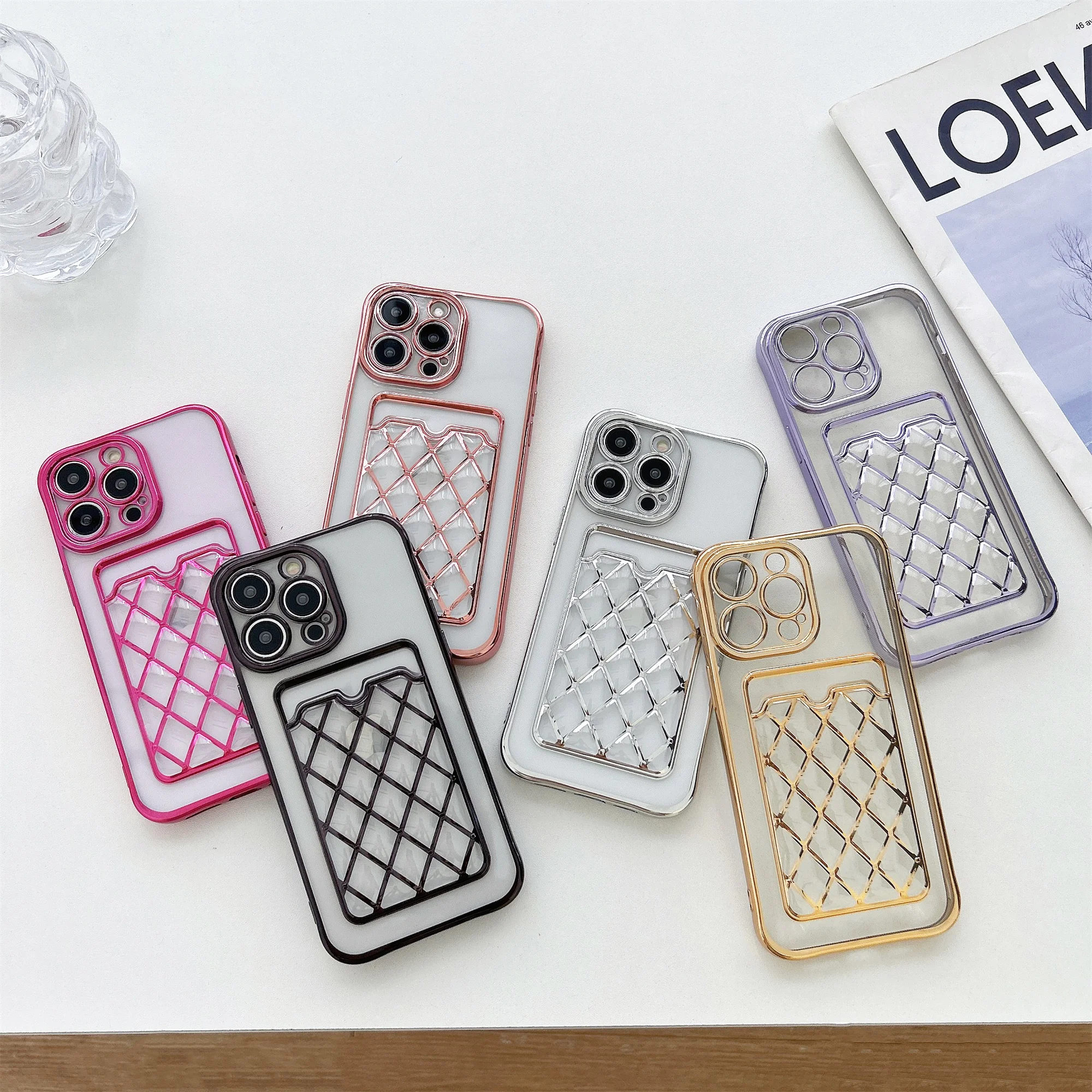 

for 15pro Luxury Diamond Cardbag Case For Iphone 15 Ultra 15 14 13 Pro Max Soft 6D Electroplate Transparent Tpu Protection Cover