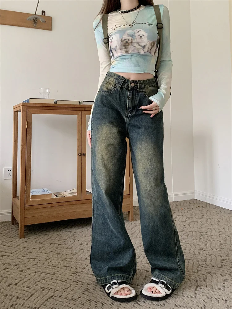 

Slergiri Vintage Washed Y2k Baggy Jeans Women Fashion Loose High Waisted Straight-leg Jeans American Distressed Wide Leg Pants