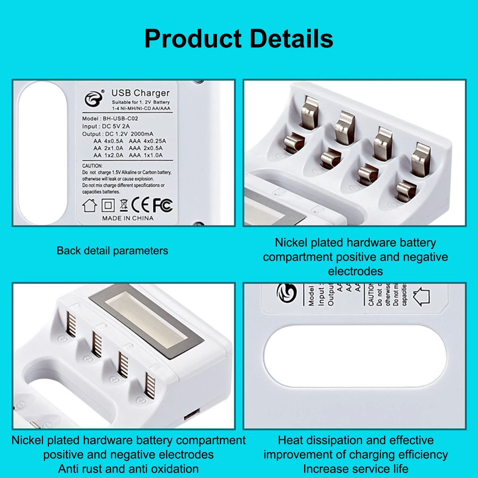4 Slots Battery Charger with LCD Display for AA AAA Ni-MH Rechargeable Battery Smart Rechargeable Battery Charger USB 2A Fast
