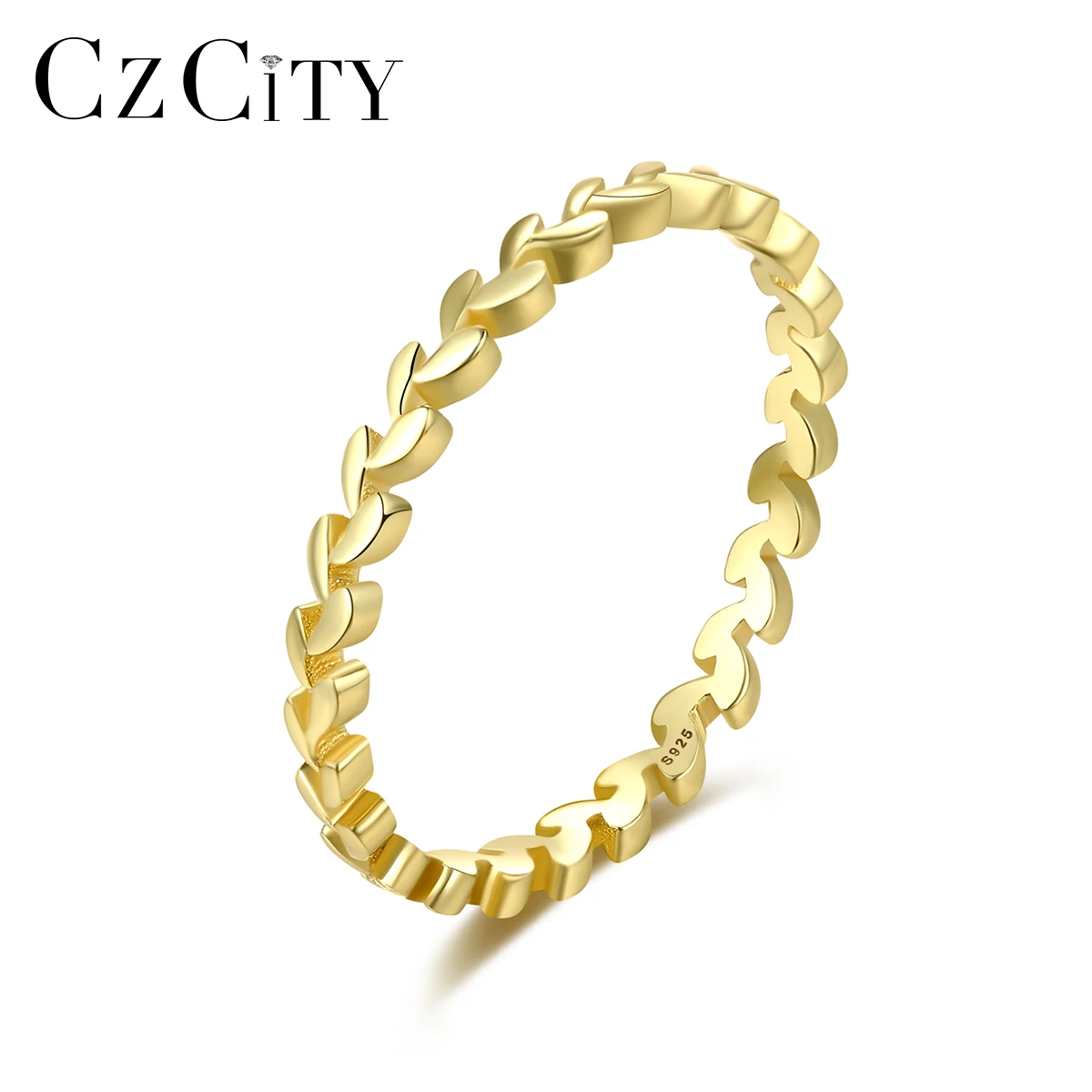 

CZCITY Real 925 Sterling Silver Stackable Rings Thin Golden Olive Leaf Wedding Engagement Fine Jewelry Girl Party Accessories