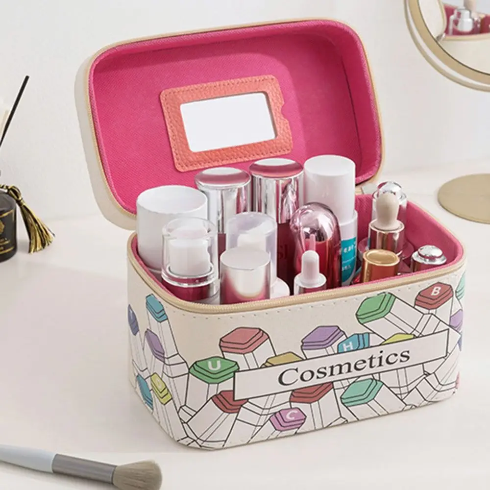 Large-Capacity Makeup Bag With Mirror Multi-Functional Space Saving Cosmetics Storage Box Handle Portable