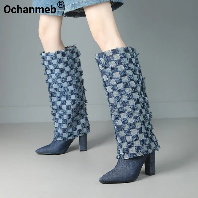 

Ochanmeb Women Blue Denim Boots High Block Heels Plaid Fringed Trousers Style Knee High Jeans Boot Female Winter Pointy Toe Shoe