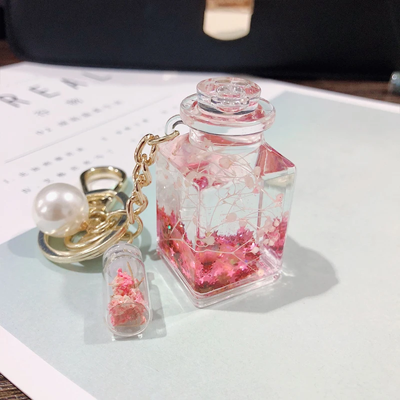 Creative Immortal Flower Quicksand Drift Bottle Keychain Female Cute Perfume Bottle Rose Flower Floating Liquid Keyring Bag Gift