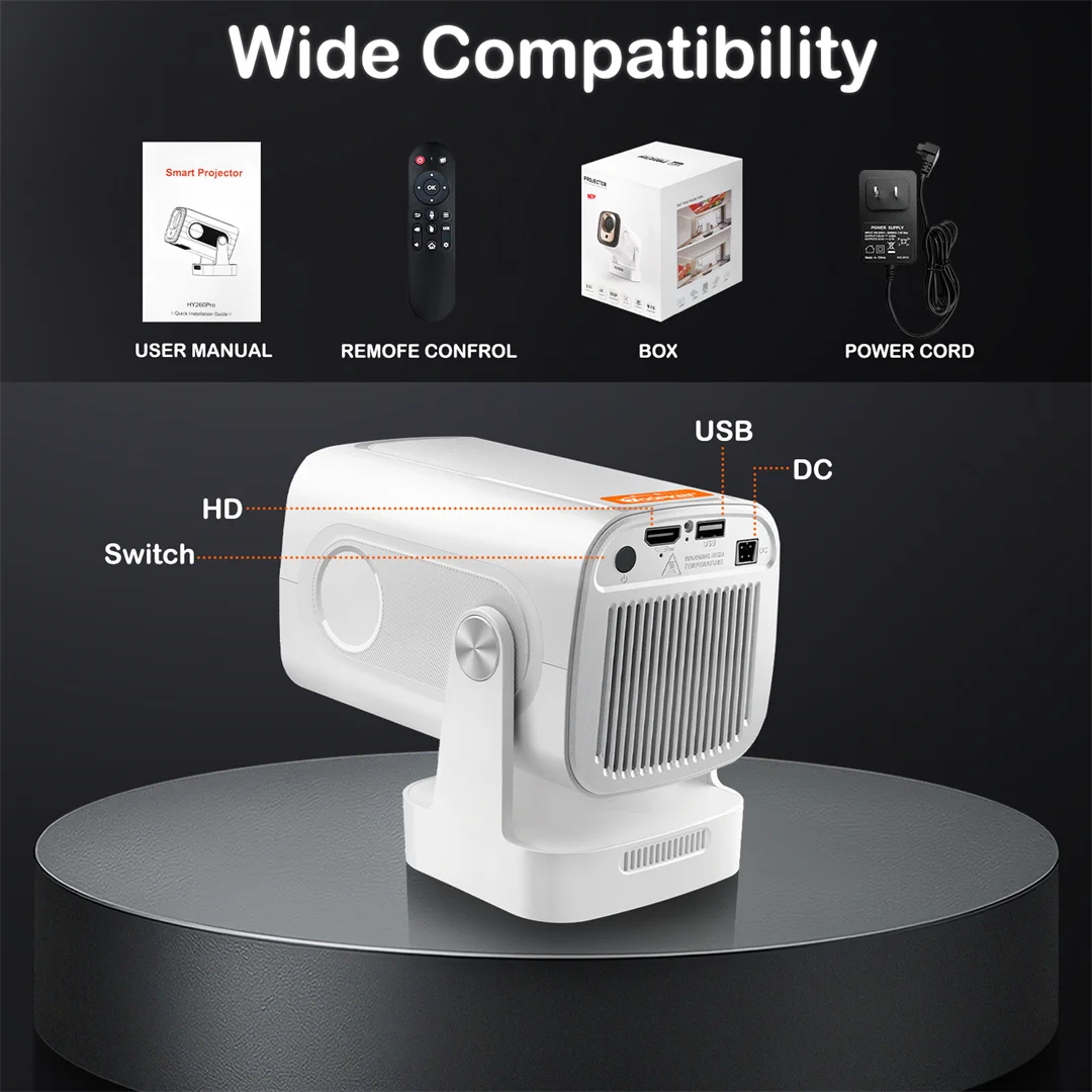 HY260 PRO 4K Native 1080P Projector Android 11 330ANSI Dual Wifi BT5.4 Google Vo