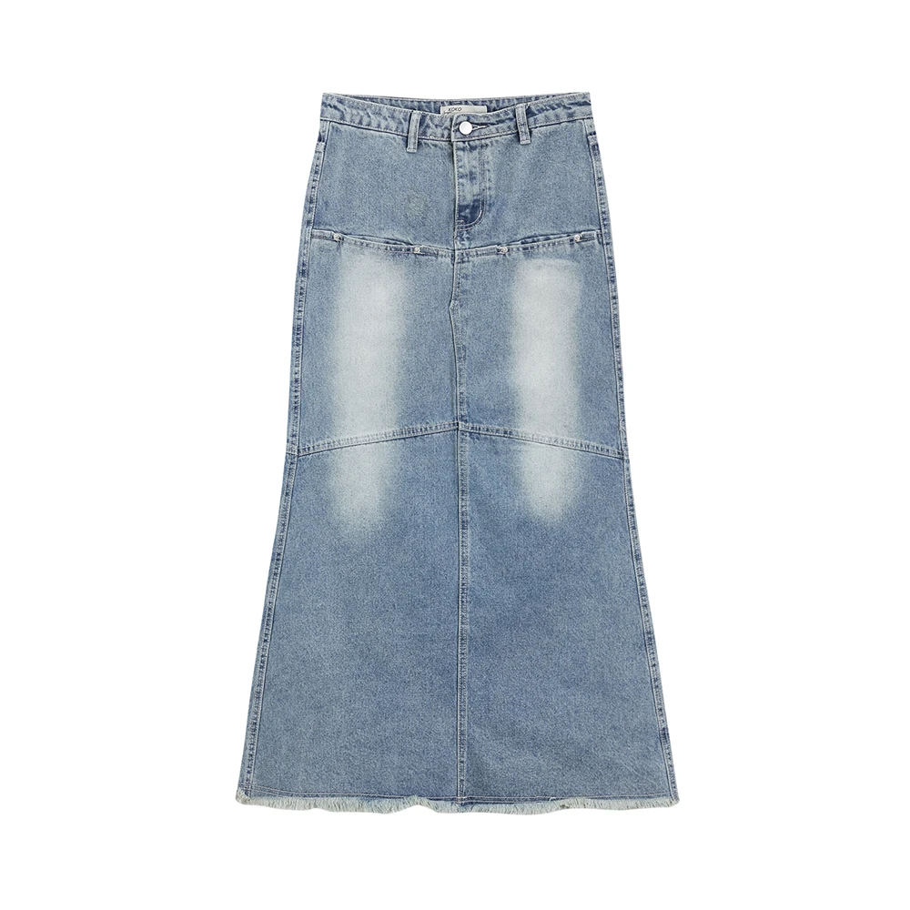 New Autumn Women's Blue Pocket Denim Long Skirts Vintage
