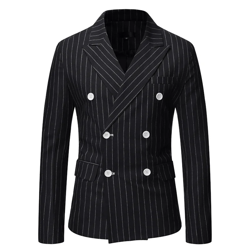 Men's Autumn New Dress Suit Men's Striped Casual Double-breasted Gun Barrel Collar Suit