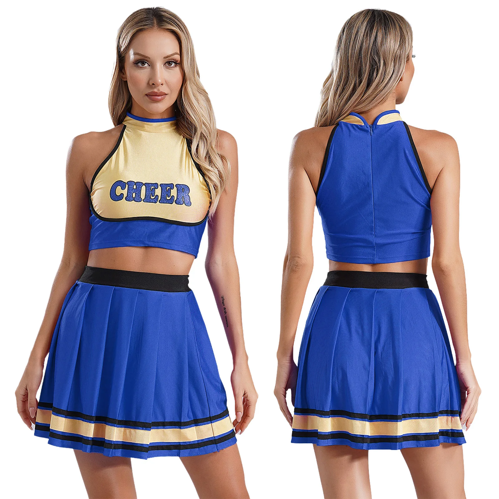 thumbnail image 1 of Uniforme de porristas para mujer, traje de baile moderno, trajes de Cosplay para niñas, Top corto estampado con letras y Falda de patinaje plisada, 1 of 5