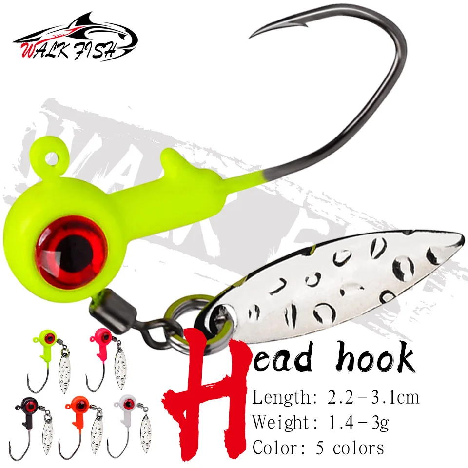 

WALK FISH 5PCS Jig Head Hooks 1.4g 1.6g 3g Soft Lure Hooks With Metal Spoon Spinner 3D Eyes Exposed Barbed Hook Fishing Tackle