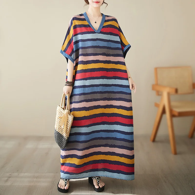 

#6756 Summer Vintage Floor-length Dress Batwing Sleeve Loose V-neck Boho Beach Dress Thin Sexy Printed Retro Long Dress A-line