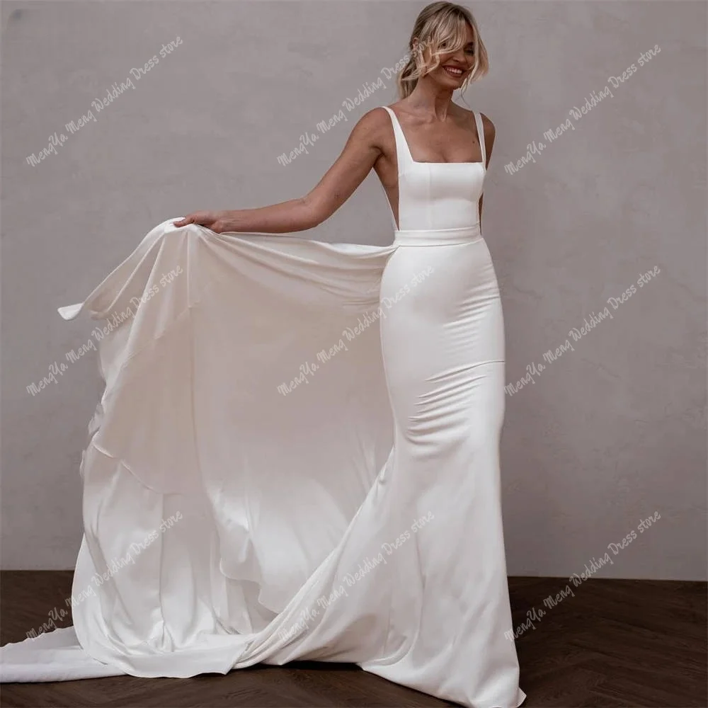 ZHUISHU Customized Spandex Satin Wedding Dresses Square Collar Sleeveless Backless Bridal Detachable Train Vestido de novia