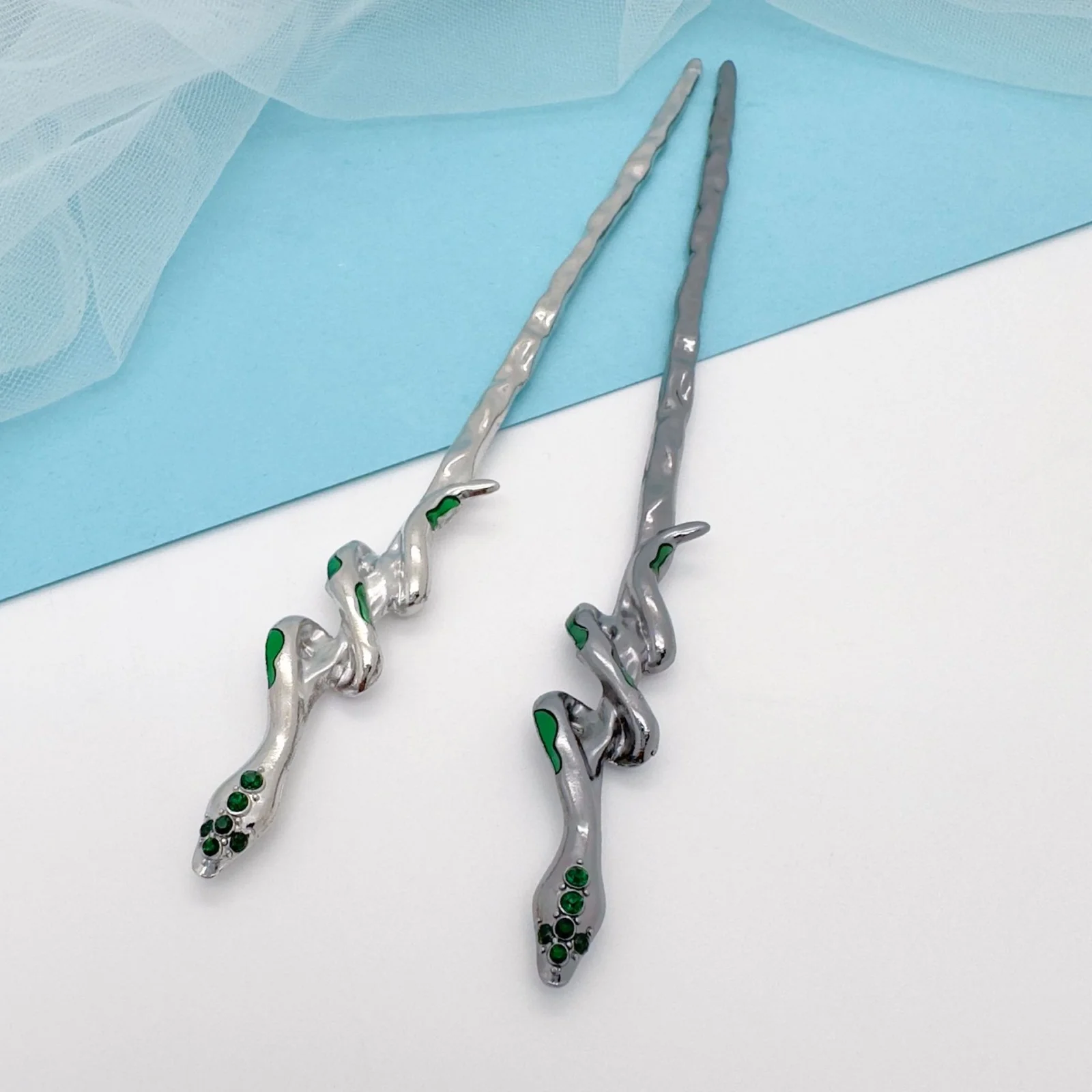 1PC  Snake - Shaped Metal Hair Sticks, Gold & Silver Hairpins with Green Accents, Gothic - Style Hair Accessories for Women