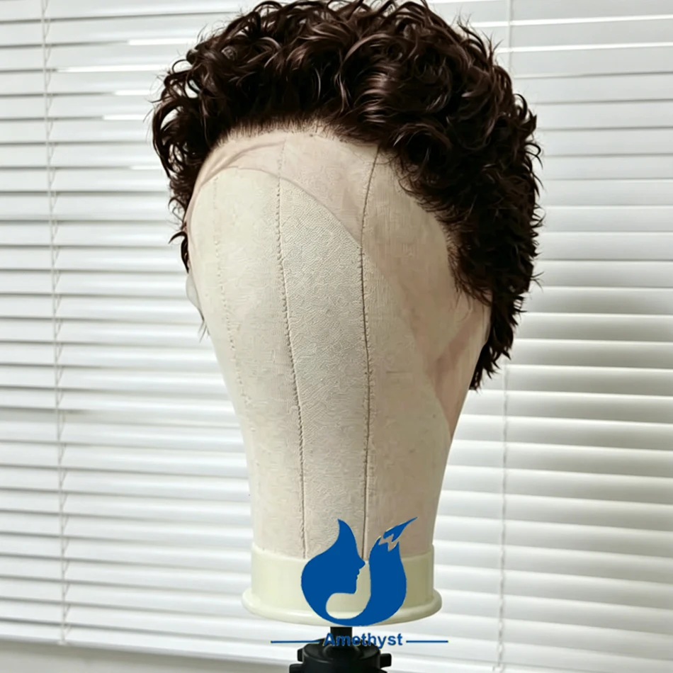 아메시스트 색상 2가지 색상의 짙은 갈색 곱슬머리 남성용 가발 풀 레이스 짧은 픽시컷 인모 브라질 레미 남성 헤어 시스템
