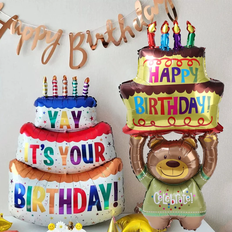 3-Layer Large Cake Balloons  Birthday Cartoon Bear Cake Foil Balloons for Kids Birthday Party Decoration Props Ballon Toys