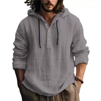 2025 nouveaux hommes blouse décontractée coton lin chemise hauts amples à manches longues t-shirt printemps automne décontracté hommes chemises à capuche 4