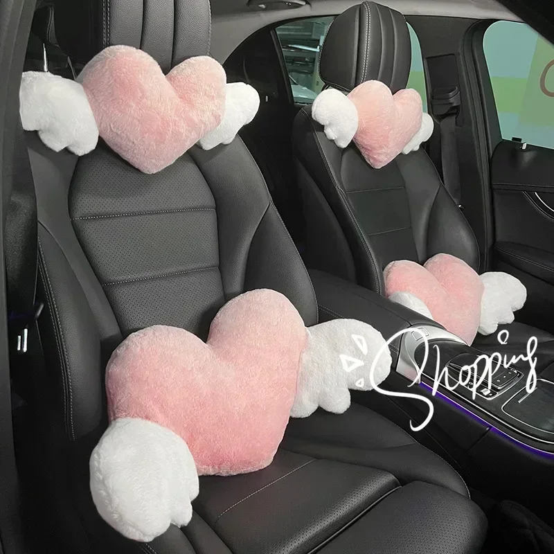 Love Wings Heart-Shaped Plush Car Headrest Neck Pillow Soft Cute Kawaii Car Seat Accessory - Unique Auto Interior Cushion