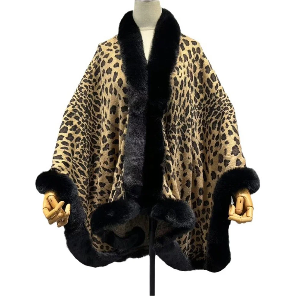 Description Picture 5 of item4 Colors Thick Cardigan Overcoat Winter Women Long Faux Fur Collar Leopard Dot Poncho Cape Loose Shawl Cloak Knitted Streetwear
