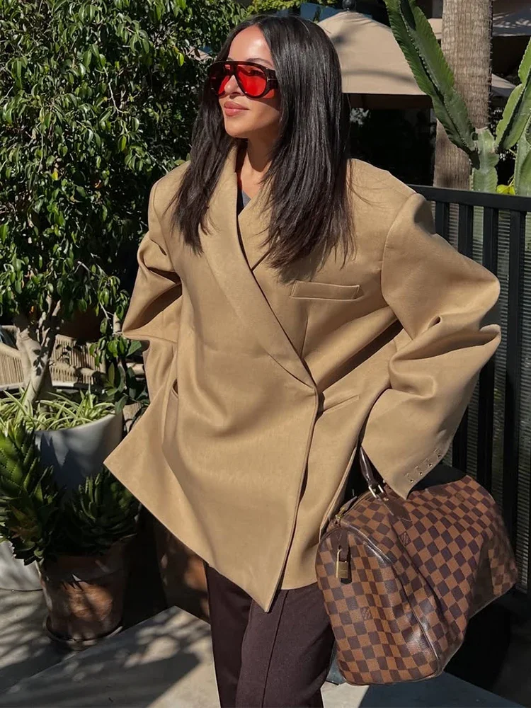 Casual Solid Women Blazer Coat Fashion Lapel Long Sleeve One Button Loose Outerwear Autumn Female Chic High Street Overcoat