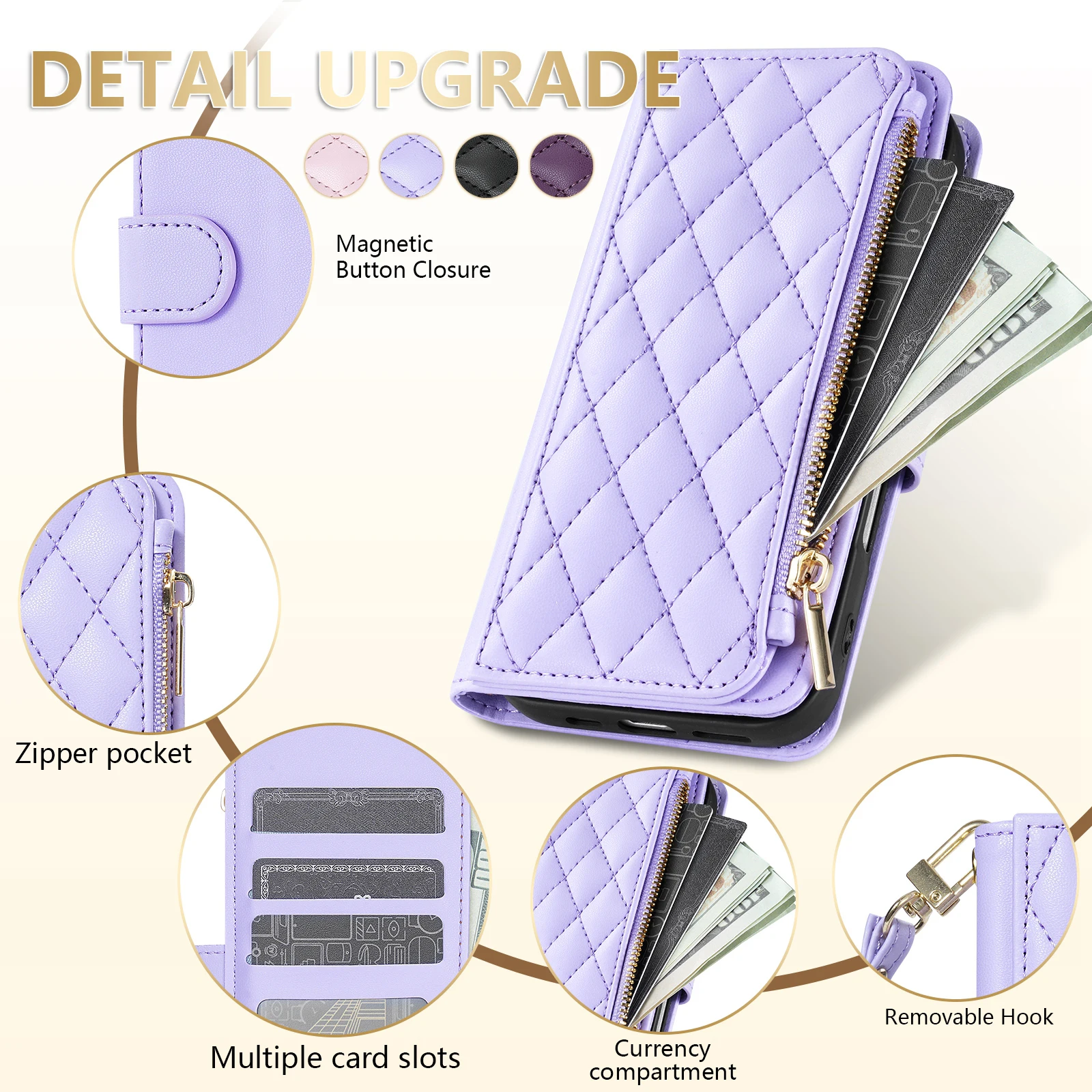 Compact Leather Wallet Case with Fragrance Scent, Zipper, Card Slots, and Magnetic Closure