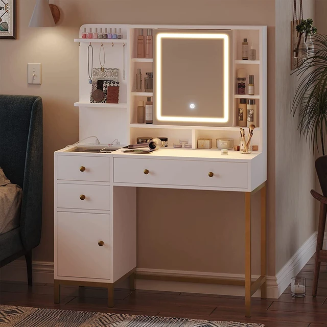 Tocador de maquillaje con luces, escritorio con espejo que se abre y  regulable en 3 colores, mesa de tocador blanca con estación de carga,  escritorio