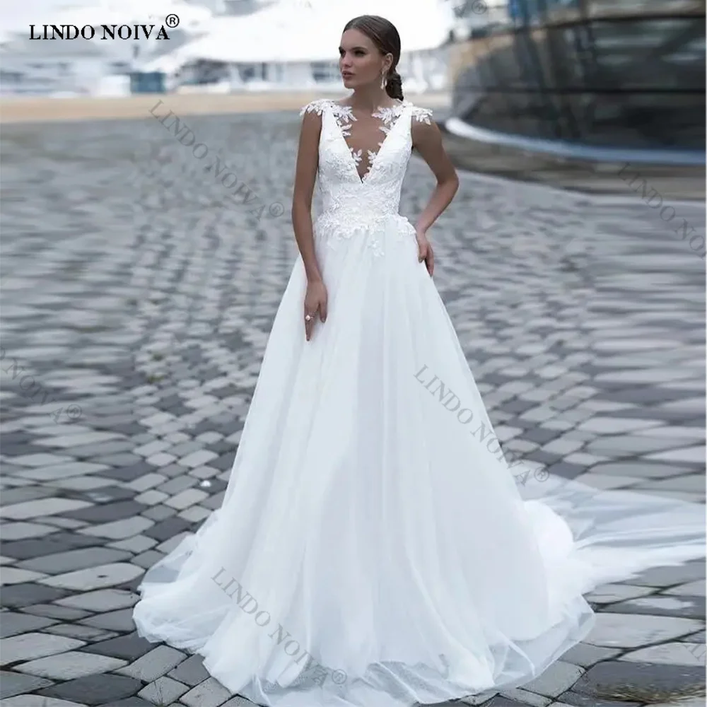 

LINDO NOIVA Boho Appliques A-Line Wedding Dresses Simple Tulle V-Neck Wedding Gowns for Women 2023 Bride vestidos de noiva civil