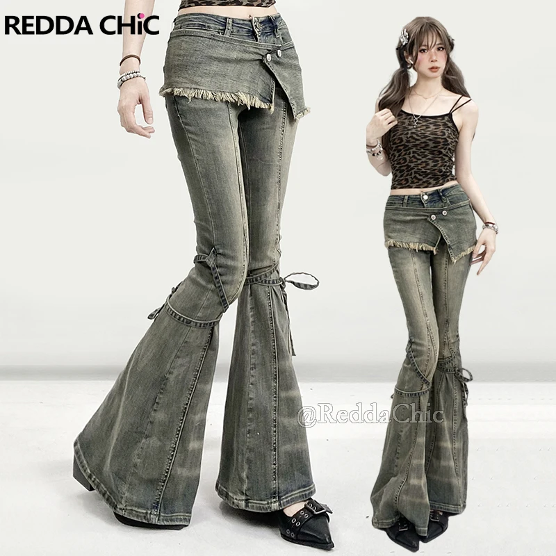 REDDACHiC Dirty Green Women's Flare Jeans Whiskers Bandage Fake