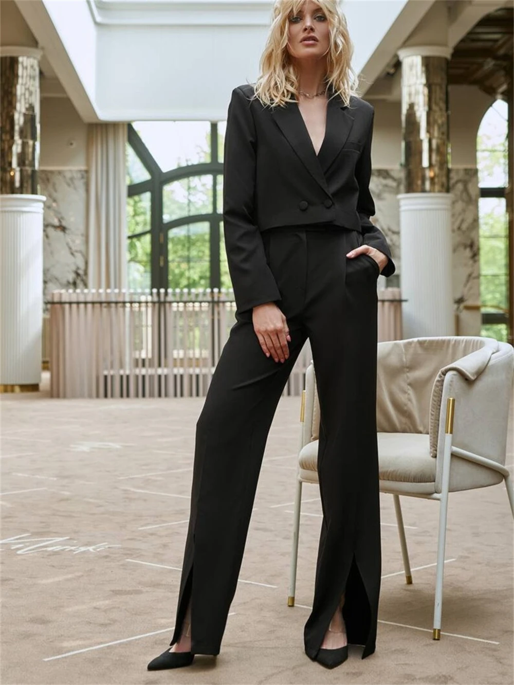 Fashion 2-Piece Women's Suit Set Blazer With Wide Leg Trousers Double Breasted Wedding Party Guest Pants Suit For Women
