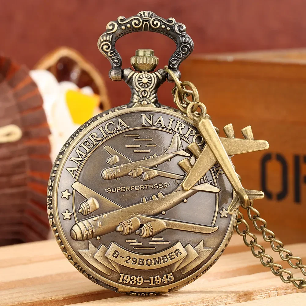 

Air Force Fighter Pocket Watches Classical Retro Bronze Watch Quartz Necklace Pendant Chain Clock Gift with Aircraft Accessories