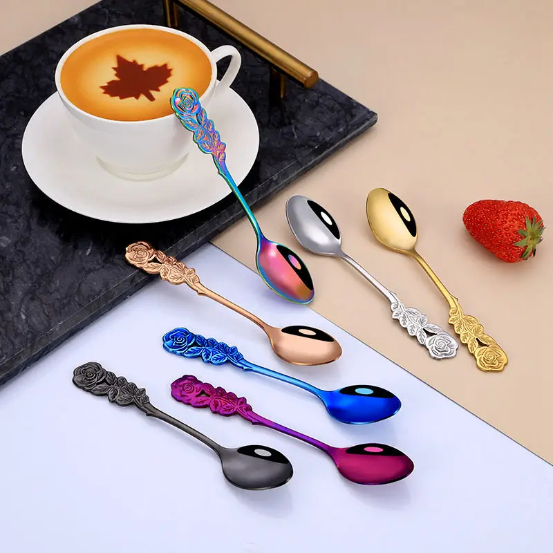 1Pc Cute Rose Flower Spoon Stirring For Tea Coffee Milk Drink Stainless Steel Tableware