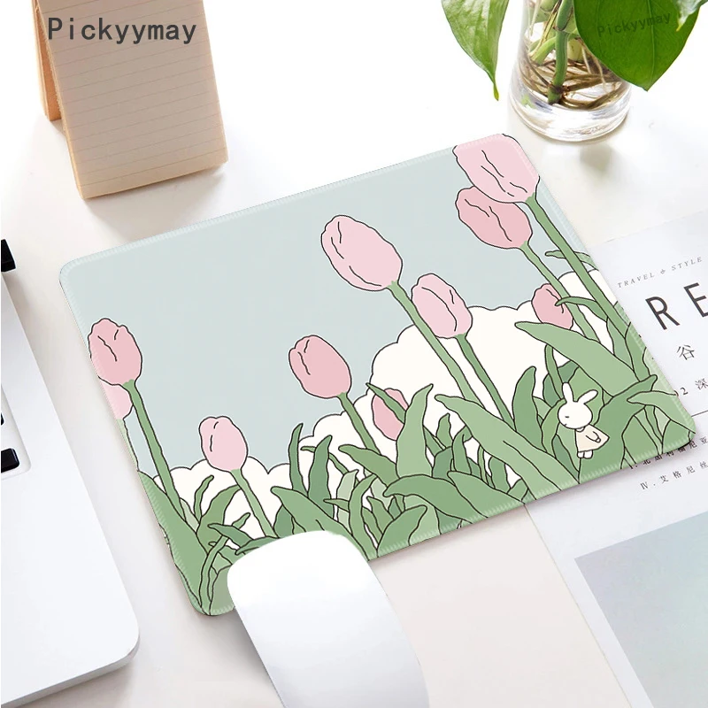 Pequeno Mouse Pad com Flor Verde Kawaii Gato e Coelho Desenhos Animados Tapete Portátil Teclado Tapete de Mesa Deskpad pc mm