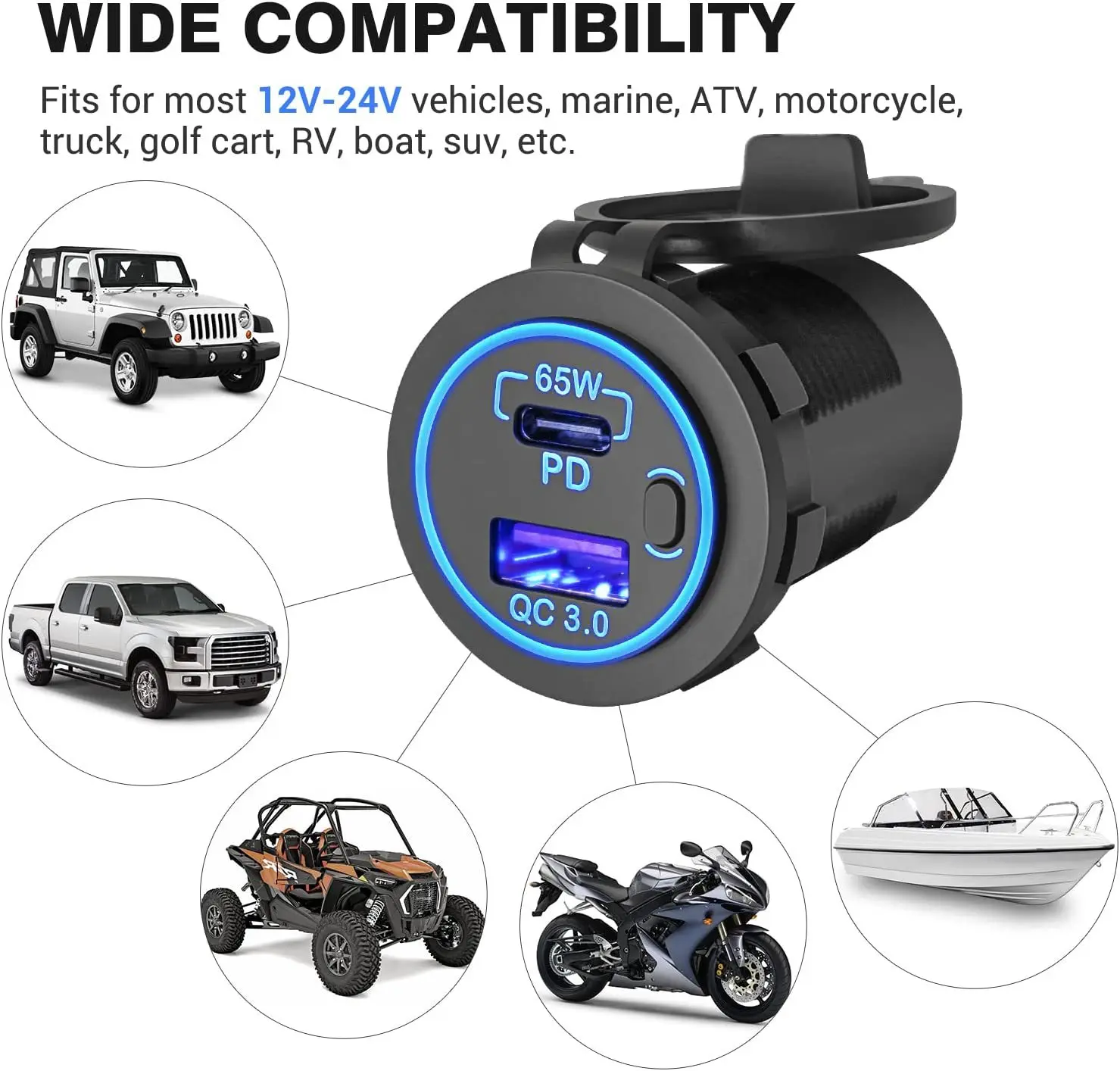 Chargeur Voiture 12V/24V Encastrable 83W - Double USB (65W PD Type-C + 18W QC3.0) Avec écran Tension Et Interrupteur - 9