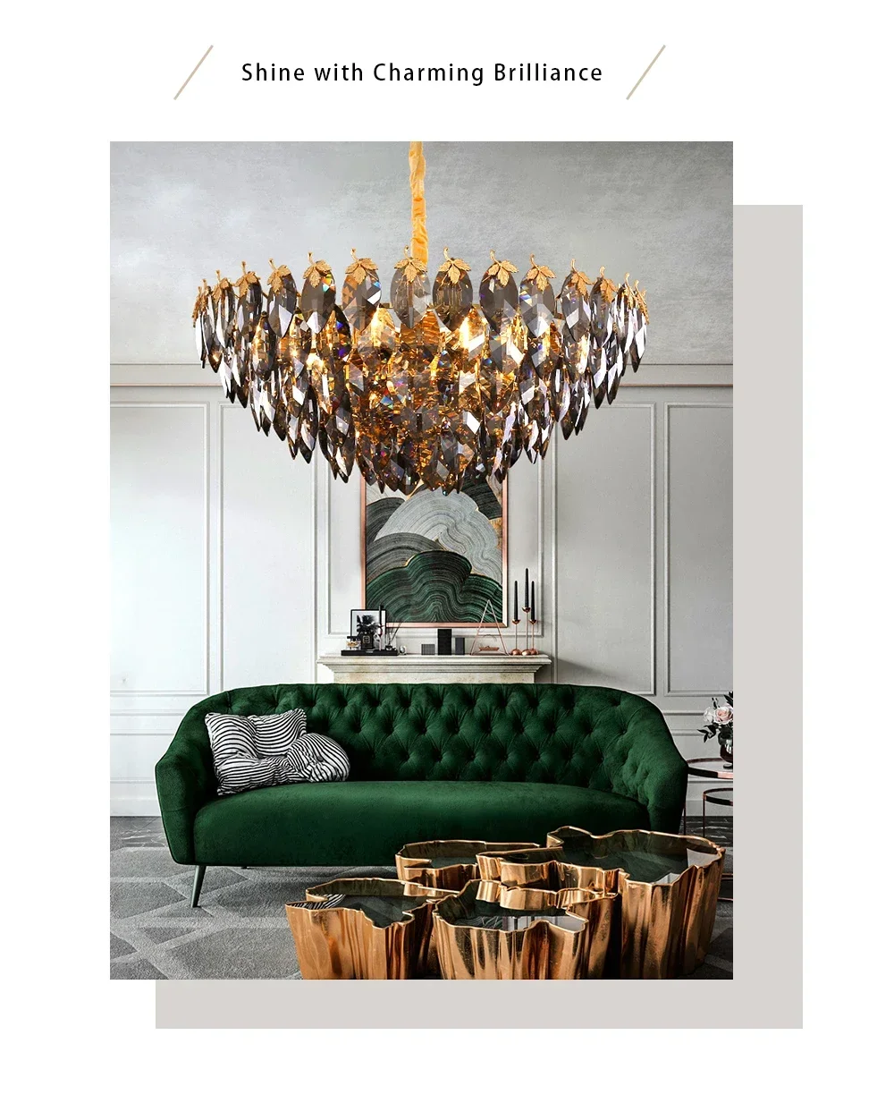 Description Picture 2 of itemModern Gray Crystal Leaves LED Pendant Chandelier Lights for Living Room Hanging Lamps for Ceiling Luxury Home Decoration Lustre