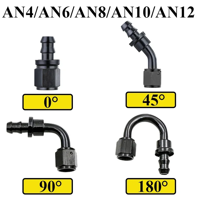 Uuiversal Aluminum AN4 AN6 AN8 AN10 AN12 Car Oil Fuel Fitting Oil Fuel Push On Hose 0 90 45 180 Degree Rubber Tube Hose End