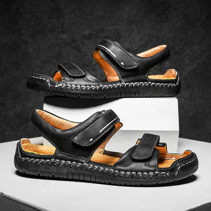 Sandálias gladiadoras masculinas de verão Roma ao ar livre plataforma de couro clássico moda antiderrapante caminhadas sapatos de praia tamanho 38-48_voghion.com