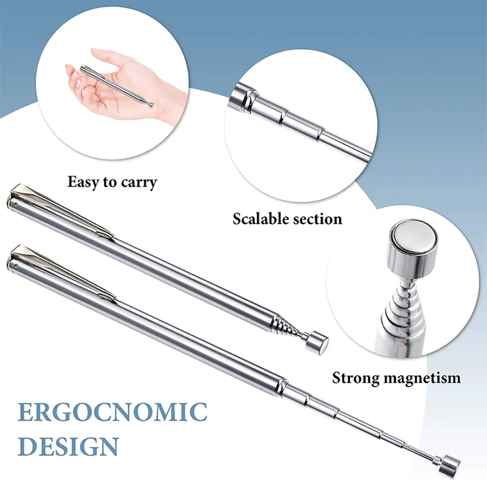Extendable Pickup Rod Stick Portable Rotatable Silver Magnetic Pickup with Retractable Pen Clip Magnet Suction Rod Hand Tools