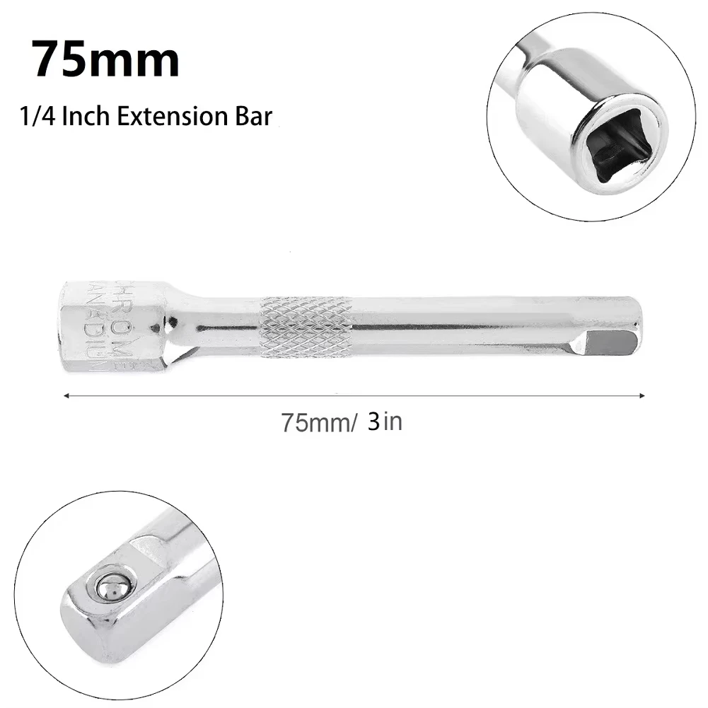 Socket Ratchet Wrench Extension Bar 3pcs 1/4 Inch Socket Ratchet Wrench Extension Bar 50/75/100mm Long Bar Steering Sleeve Connecting Rod Socket Extender Hand Tool
