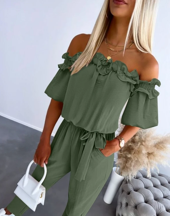 Women Casual Jumpsuit 2024 Spring Summer Latest Off Shoulder Frill Hem Tied Detail Romper Short Sleeve Pocket Vacation Bodysuit