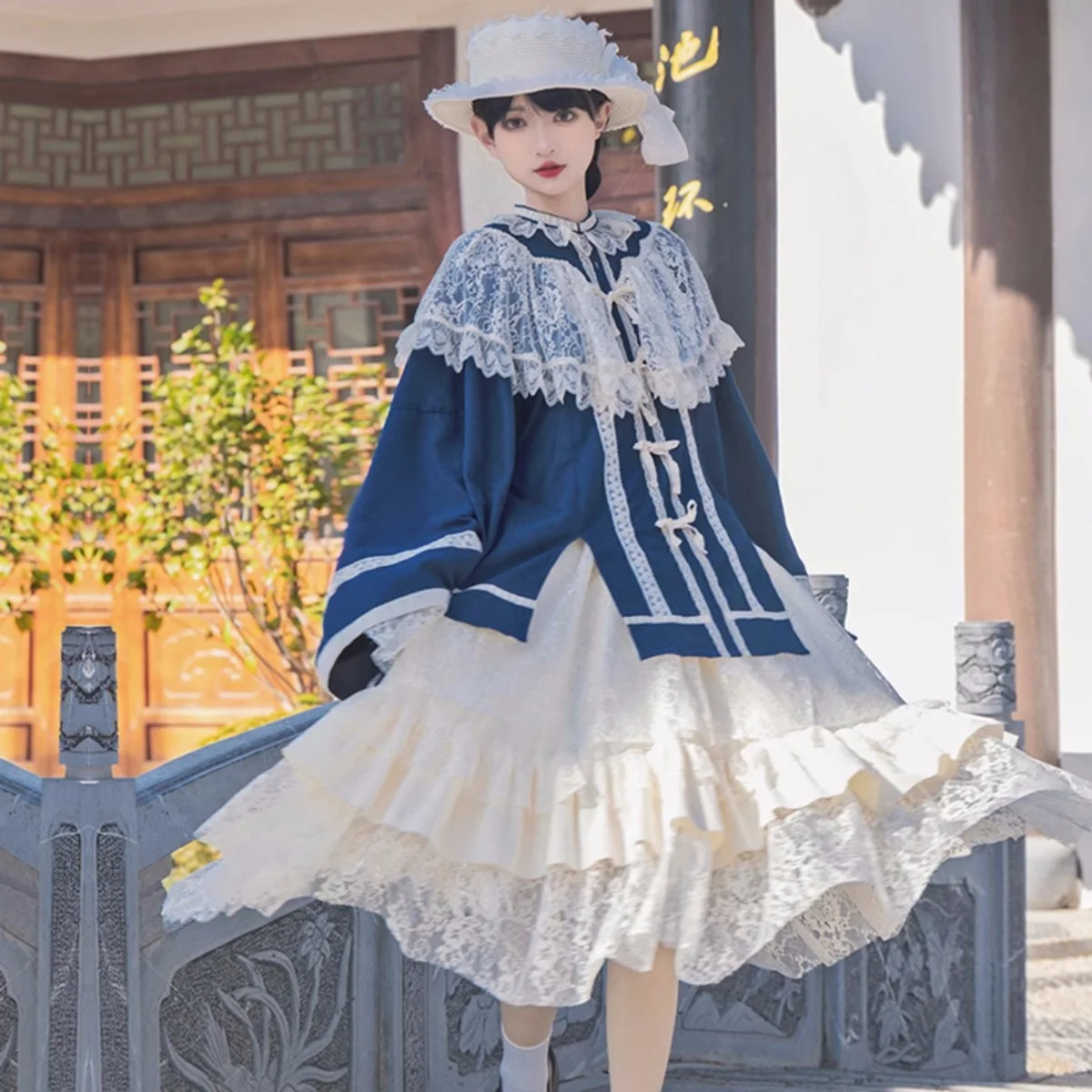 

Элегантное однотонное платье в китайском винтажном стиле для косплея Лолита Op, с кружевными цветами и оборками, с бантом из ленты