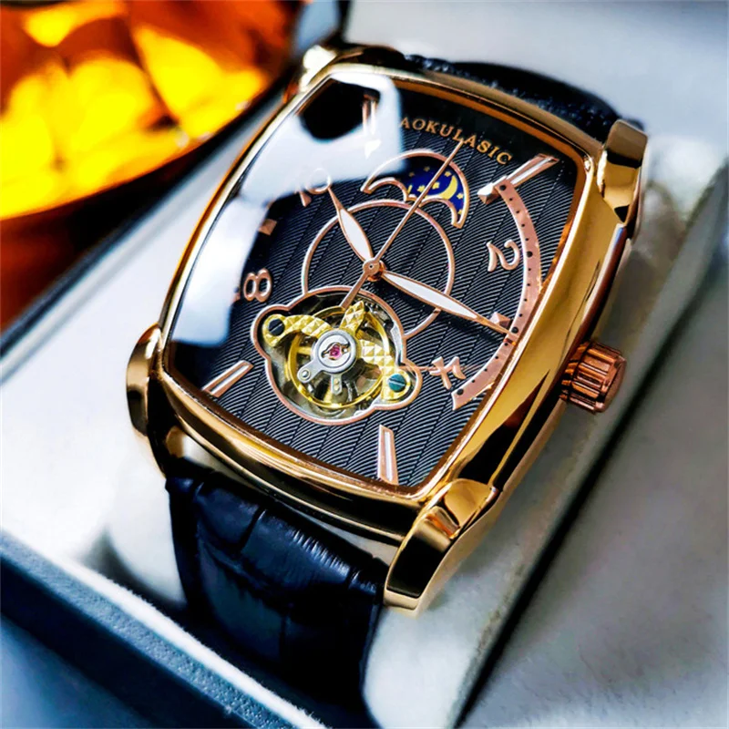 Mechanical Watch AOKULASIC Men Wristwatch Automatic Mechanical Military Sport Original Male Clock Skeleton Hollow Watch Gift 547