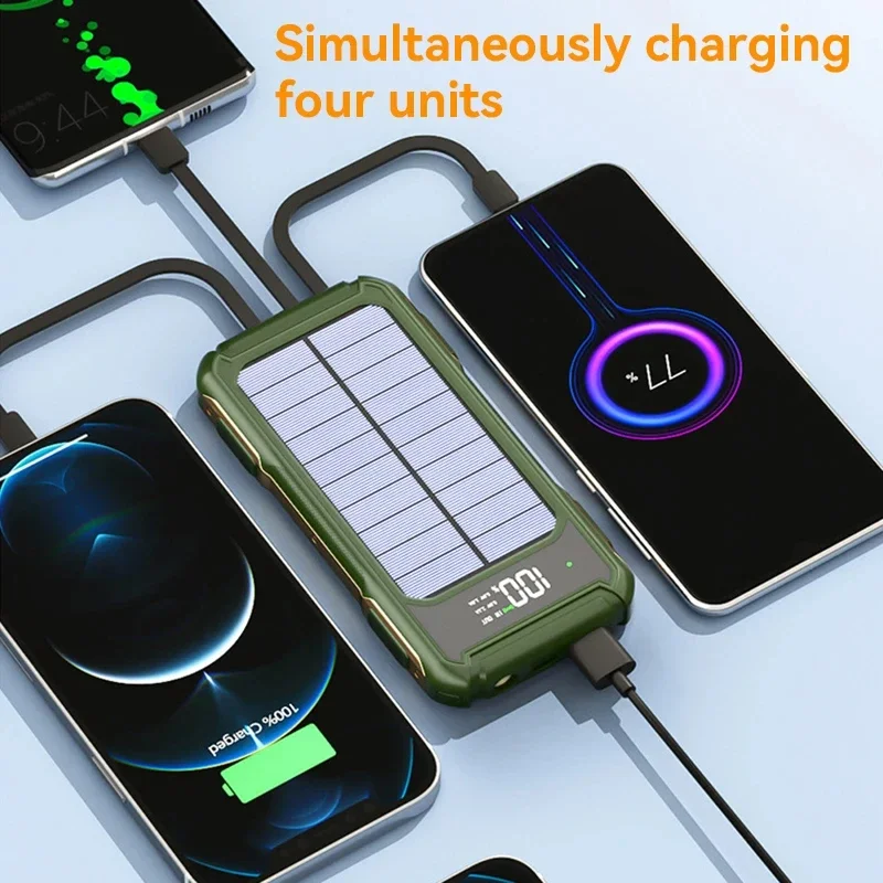 Large Capacity Solar Power Bank 4 in 1 Built in Cable Fastcharge  Mobile Power Battery LED Light iPhone Samsung Xiaomi 6