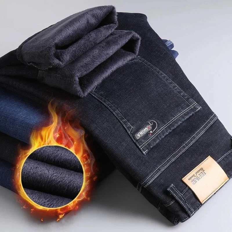 2024 Men New Activities Autumn Winter Jeans Warm Flocking Warm Soft Men Jeans Warm Jeans Men Straight Flocking Trousers