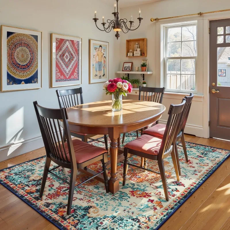 Retro Living Room Carpet Symmetrical Geometric Floral Bedroom Plush Rug Foldable Machine Washable Non-slip Cloackroom Mats Tapis