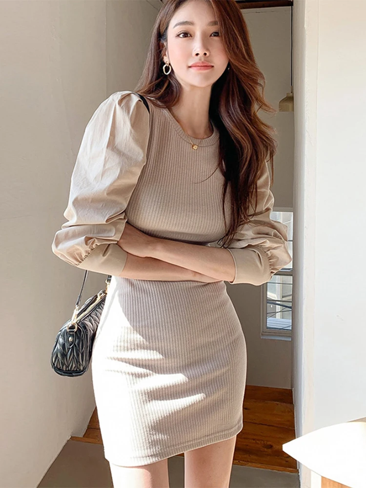 

new arrival fashion korean knit elastic dress women elegant temperament OL sexy vintage simple solid basic slim pencil dress