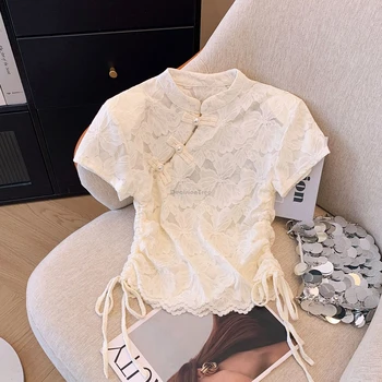 2025 new chinese style short-sleeved stand collar improved cheongsam women's blouse casual fashion lace daily qipao top w907