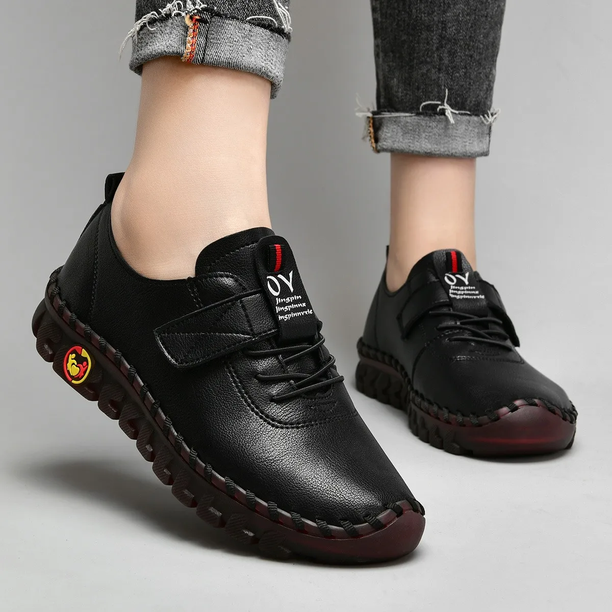 Extra Large Size 36-45 Women Leather Flat Shoes Soft Sole Comfortable Ladies Walking Shoes Non-slip Female Casual Platform Shoes