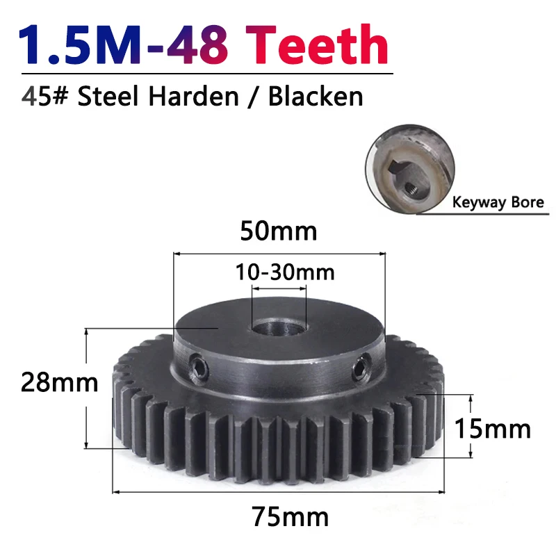 

1pc 1.5M 48 Teeth Spur Gear with Step 1.5 Module 48T 45# Steel Motor Gears Bore 10/12/14/15/16/17/18/19/20/22/24/25/28/30mm