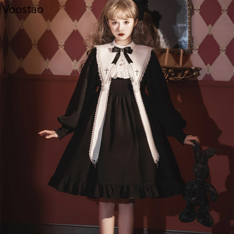 Gothic Lolita OP Dress Women Vintage Harajuku Y2k Cross Embroidery - Main Image