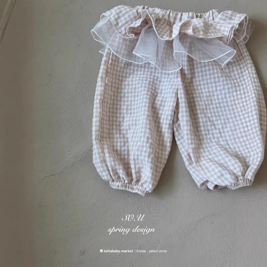 Spring Baby Girl Plaid Pants Loose Infant Casual Pants Kids Girls Lace Mesh Skirt Cotton Children Harem